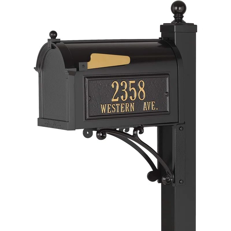 Black Aluminum Lockable Mailbox with Side Plaques and Topper