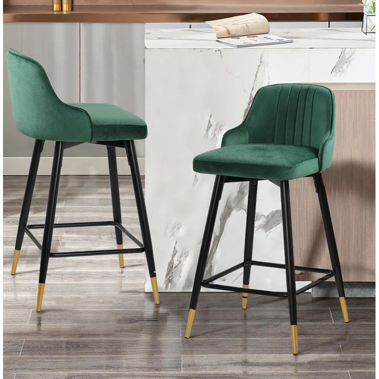 Green Velvet Swivel Bar Stools with Metal Legs, Set of 2
