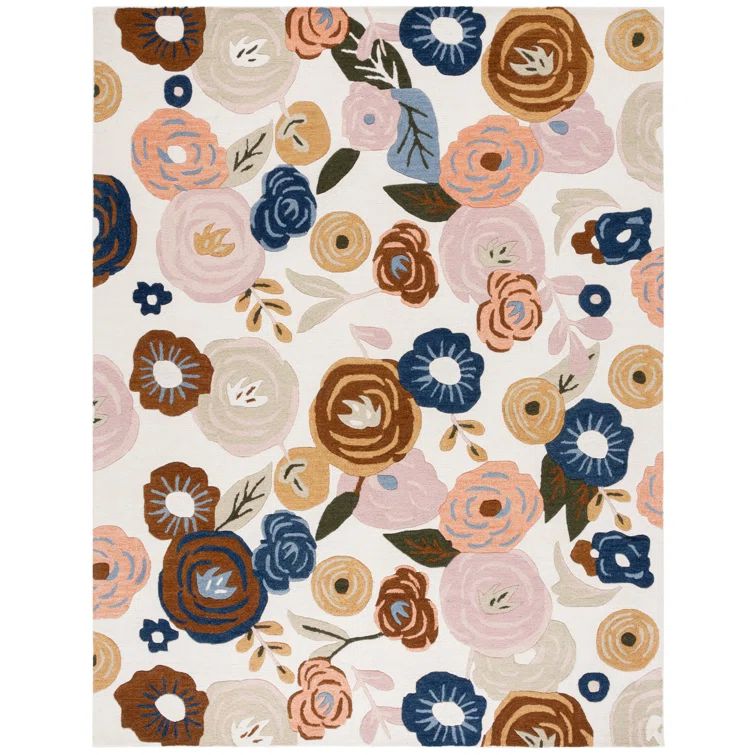 Ivory Floral Hand-Tufted Wool Round Rug, 8' x 10'