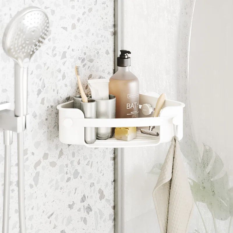 White Plastic Adhesive Shower Corner Bin with Hooks