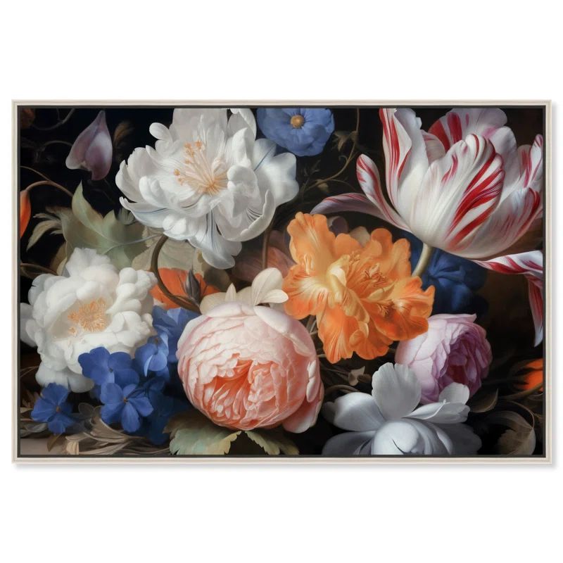 Elegant Floral Canvas Wall Art with Silver Frame, 30" x 20"