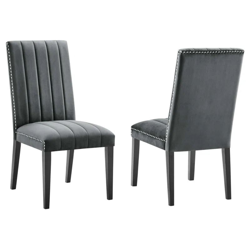 Gray Velvet Upholstered Parsons Side Chair with Wood Legs