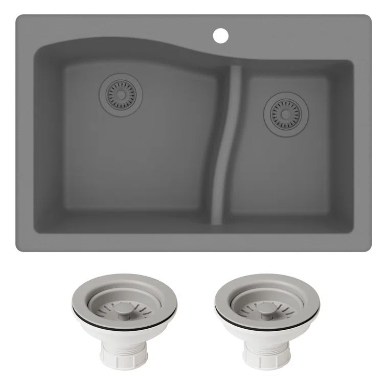 Gray 33-inch Dual Mount Granite Double Bowl Kitchen Sink