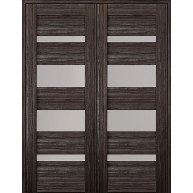 Gray Oak and Frosted Glass Double Prehung Interior Door