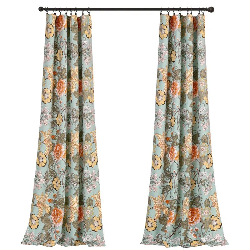 Sydney Blue Green Floral Blackout Polyester Curtain Panels, Set of 2