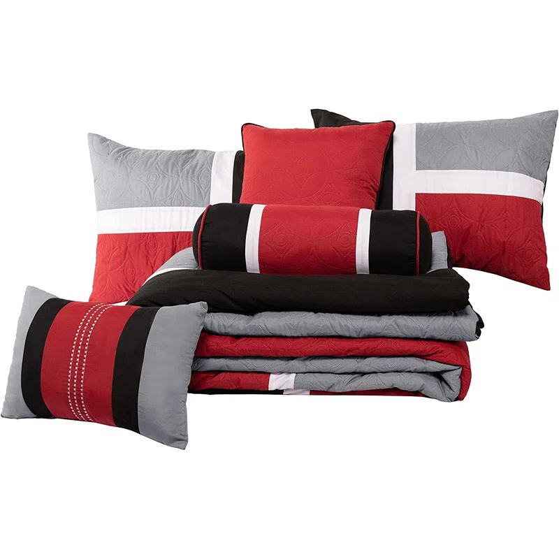 King Size Red Gray Black Microfiber Patchwork Comforter Set