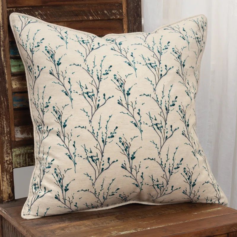 17" Square Gray and Teal Embroidered Botanical Pillow