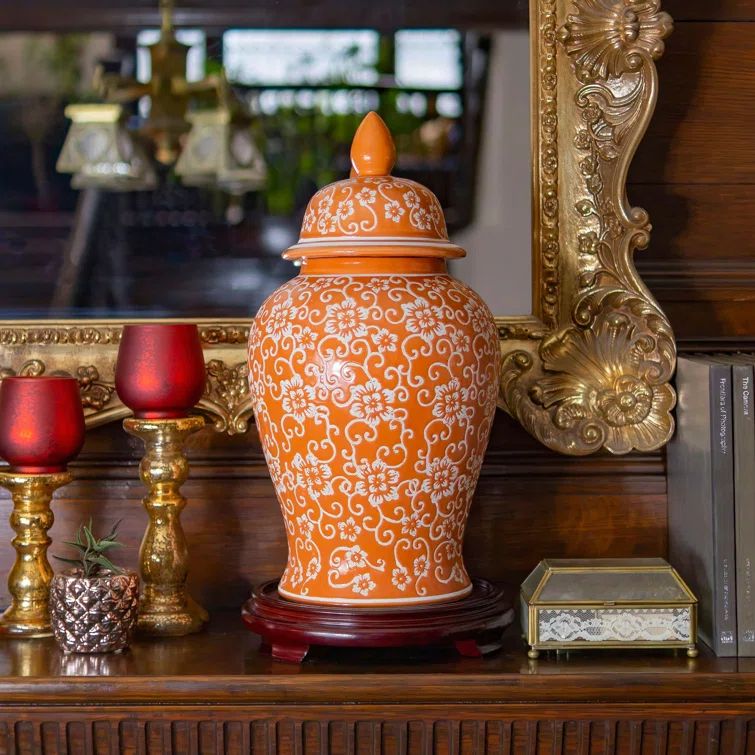 18" Orange and White Floral Porcelain Temple Jar