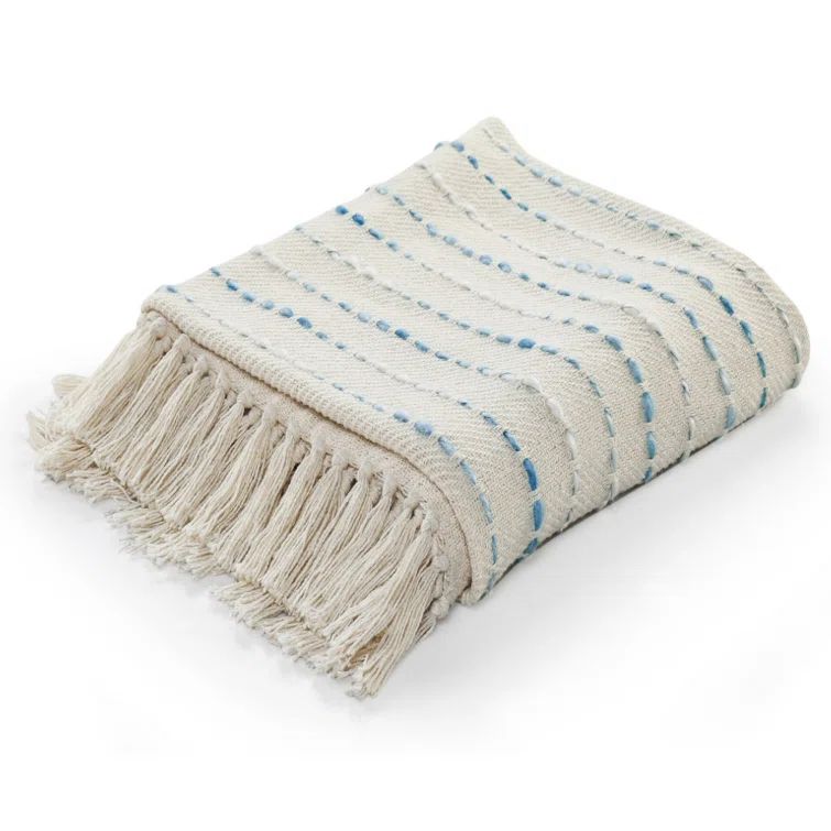 Cream and Blue Cotton Reversible Throw Blanket, 50" x 60"