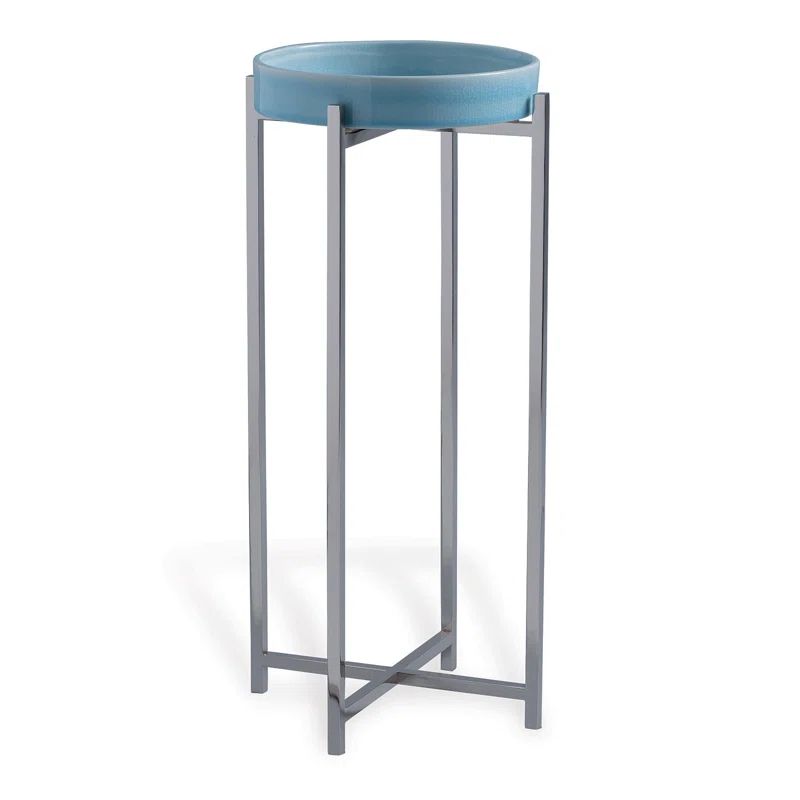 Sky Blue Round Metal Tray Top Accent Table with Polished Nickel Frame