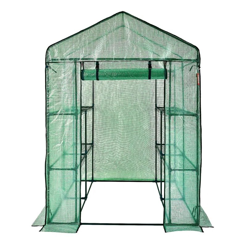 Green Walk-In Greenhouse with Shelves and PE Tarp