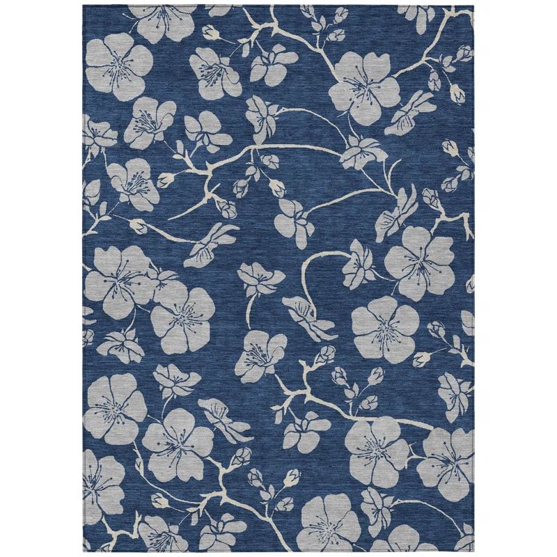 Navy Floral Synthetic Rectangular 5' x 7' Washable Rug