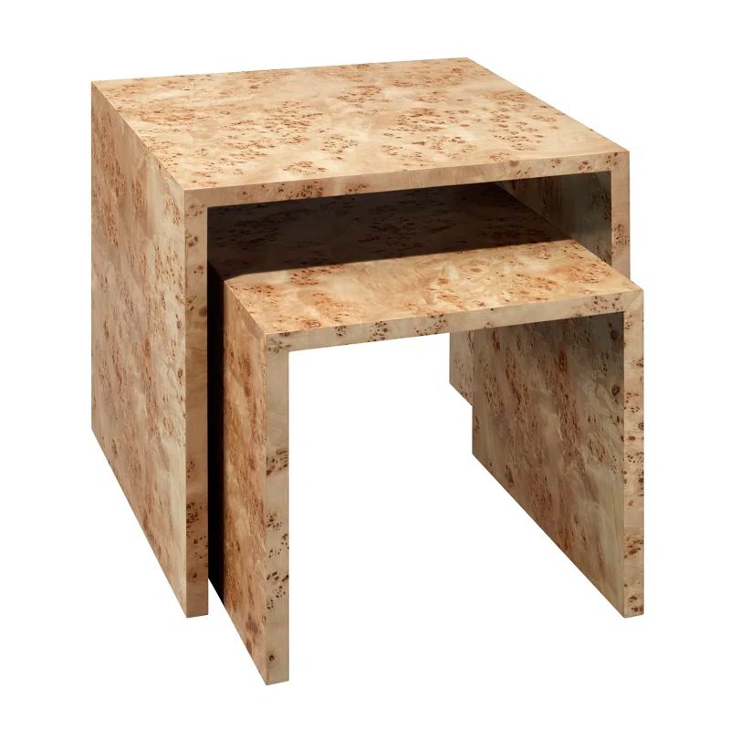 Natural Burl Wood Veneer Nesting End Tables with Marble-Like Markings