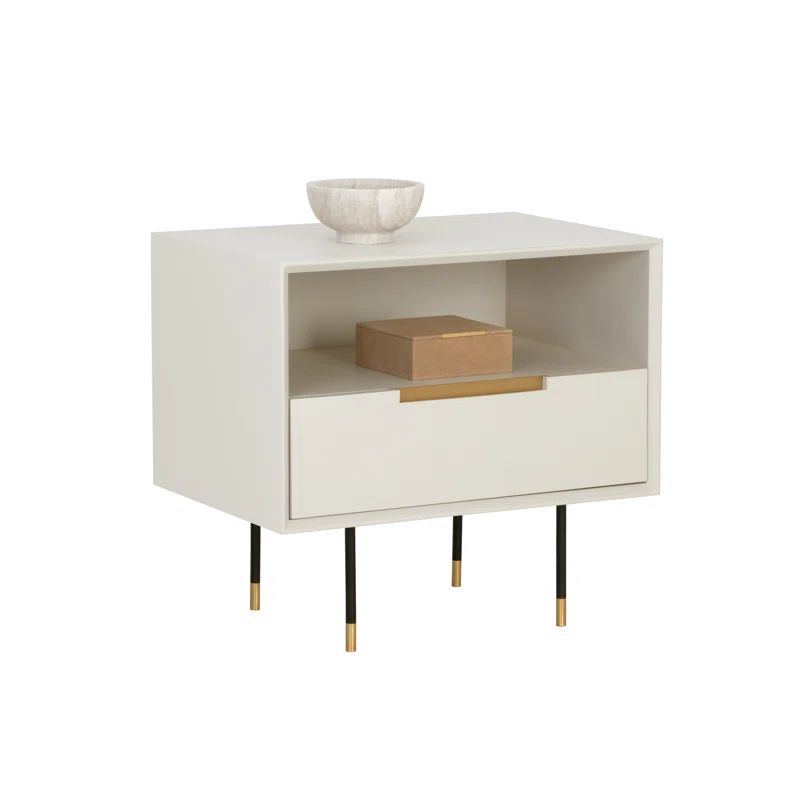 Cream and Black Modern 1-Drawer Nightstand with Gold Accents