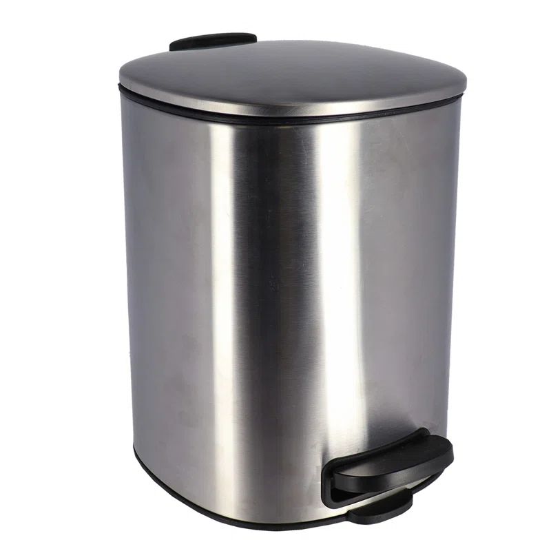 Large Chrome Metal Trash Can with Silent Soft Close Lid and Foot Pedal