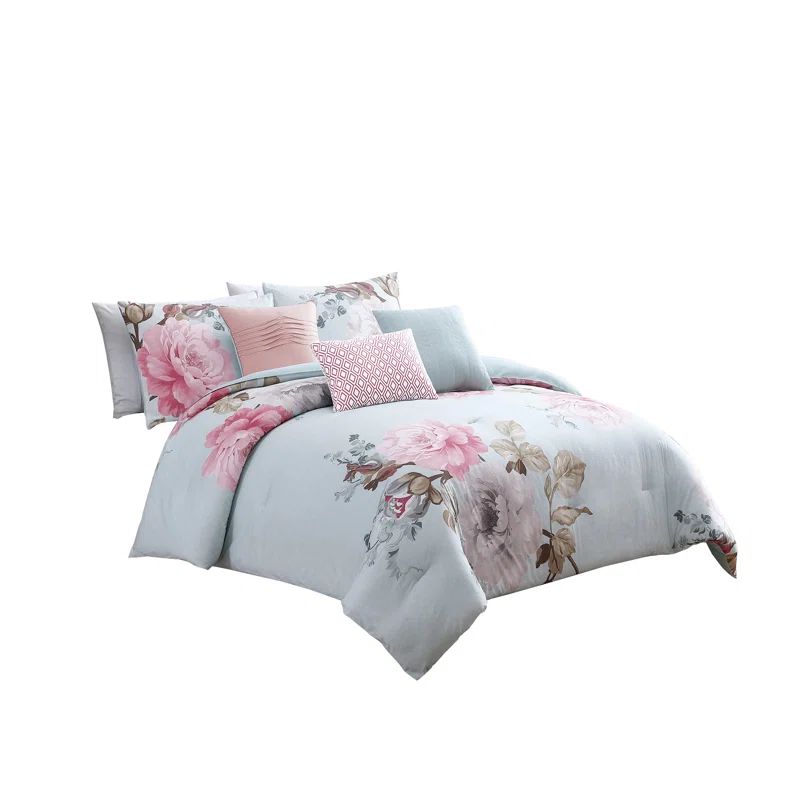 Queen Size Floral Microfiber Comforter Set in Pink and Blue
