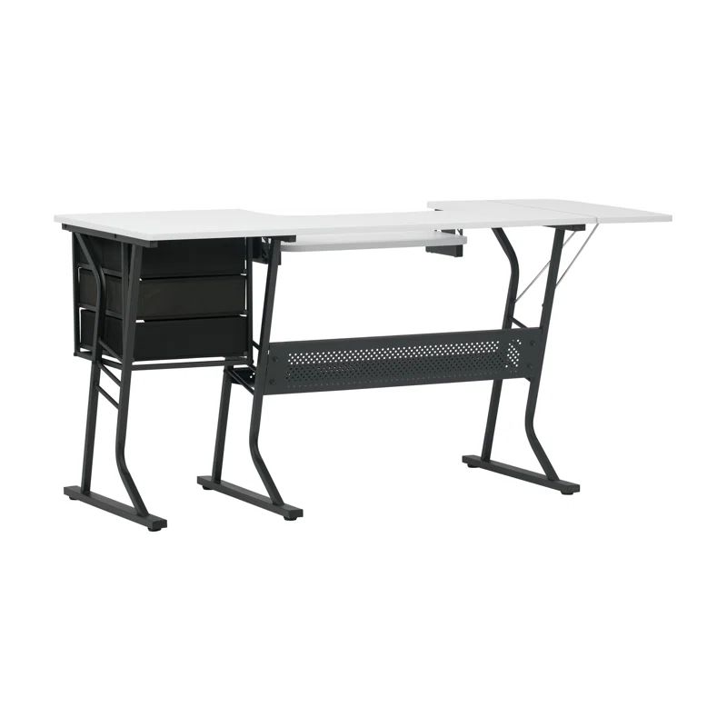 Black and White Adjustable Sewing Machine Desk with Storage Drawers