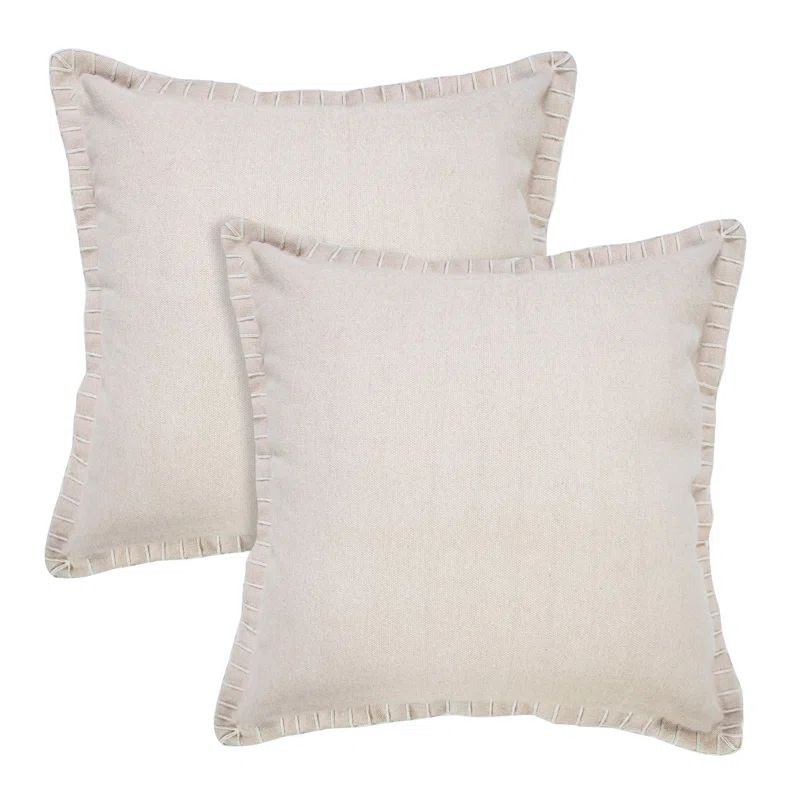 Beige Cotton Embroidered Square Throw Pillow Set