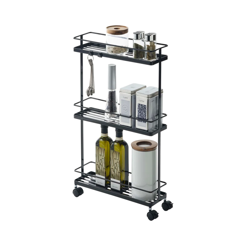 Black Steel Rolling Kitchen Storage Cart with 3 Shelves