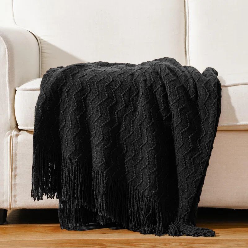 Black Knitted Wool Throw Blanket with Tassel Fringe, 50"x60"
