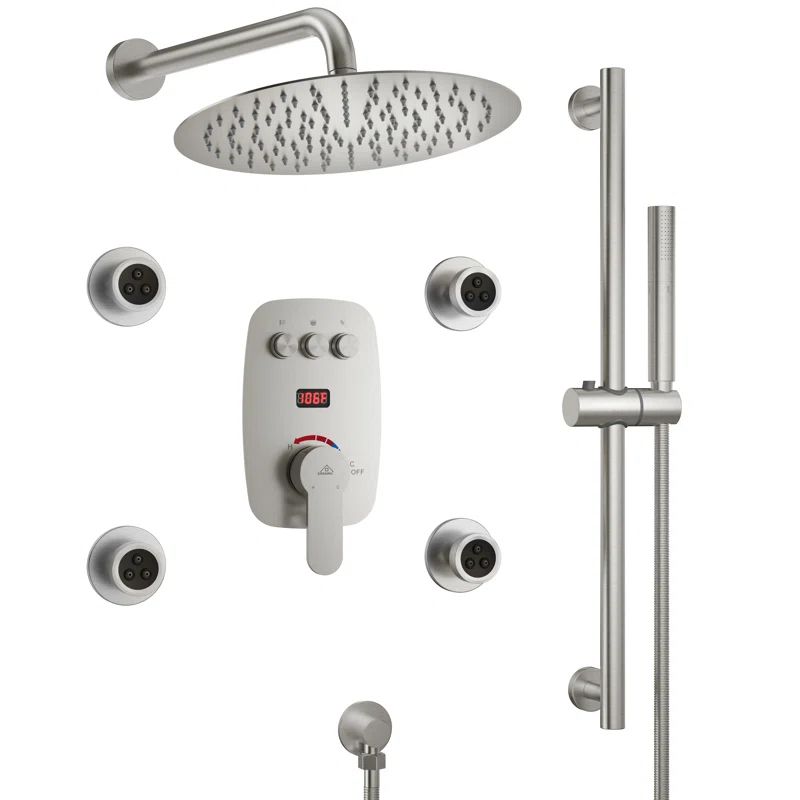 Brushed Nickel Adjustable Multi-Head Shower System with Digital Display
