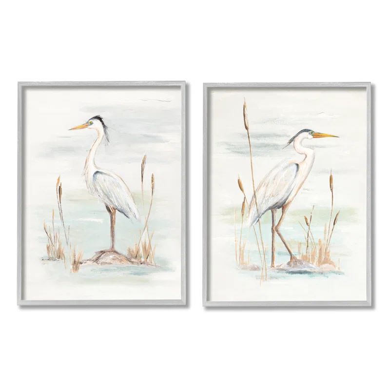 Elegant Heron Birds Gray Framed Canvas Wall Art Set