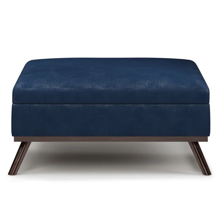 Owen Mid-Century Distressed Dark Blue Faux Leather Storage Ottoman