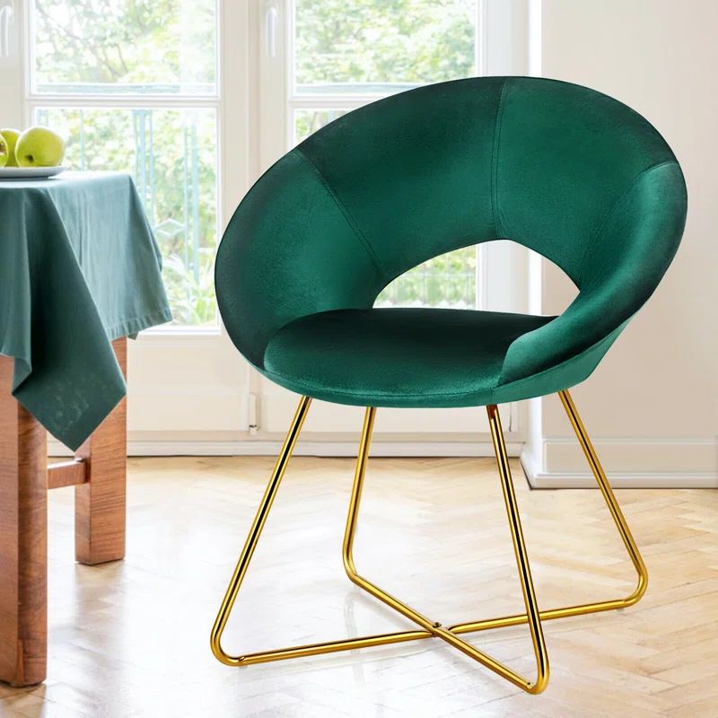 Dark Green Velvet Upholstered Arm Chair with Golden Metal Legs