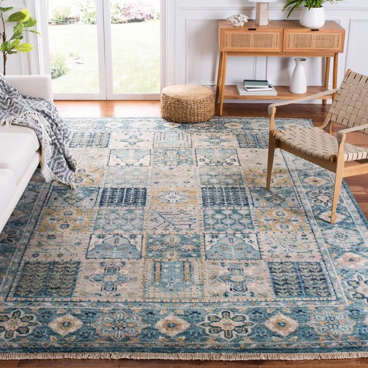 Hand-Knotted Samarkand Blue & Green Wool 6'x9' Rectangular Rug
