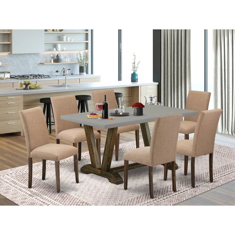 Cement and Light Sable 7-Piece Solid Wood Dining Set with Upholstered Chairs