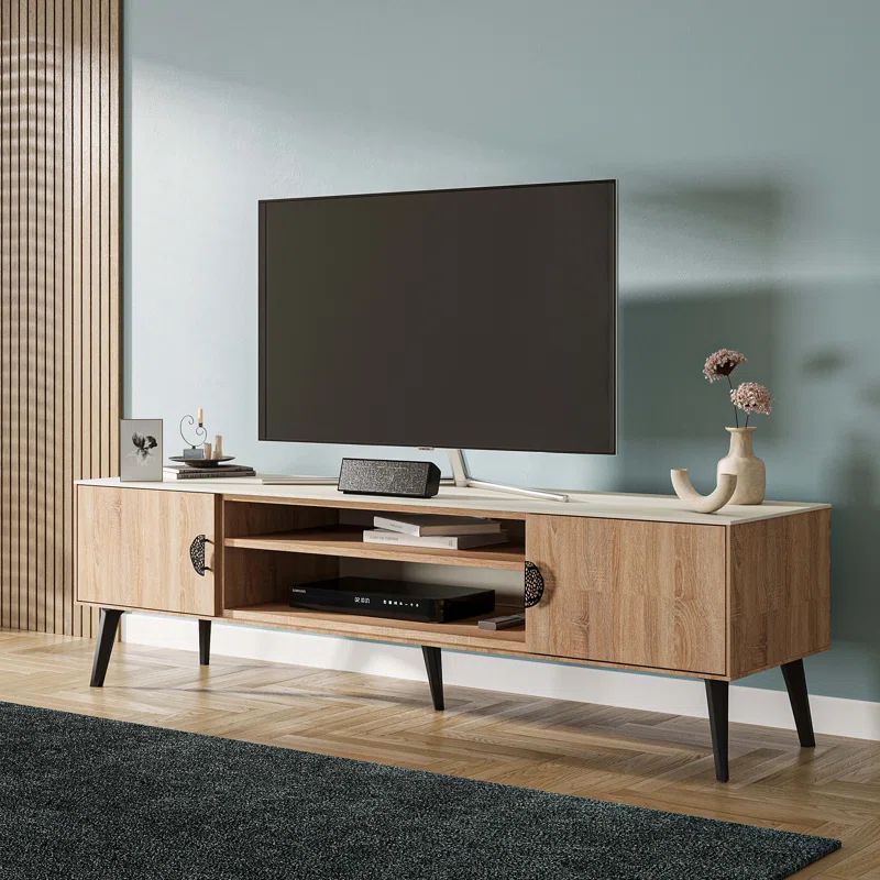 Natural Wood and Beige Mid-Century Modern TV Stand with Cabinet