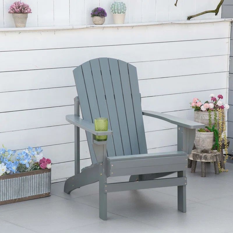 Dark Gray Fir Wood Adirondack Chair with Cupholder