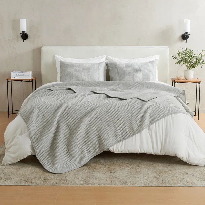 Heathered Light Grey Full/Queen Cotton Blend Jersey Knit Quilt Set