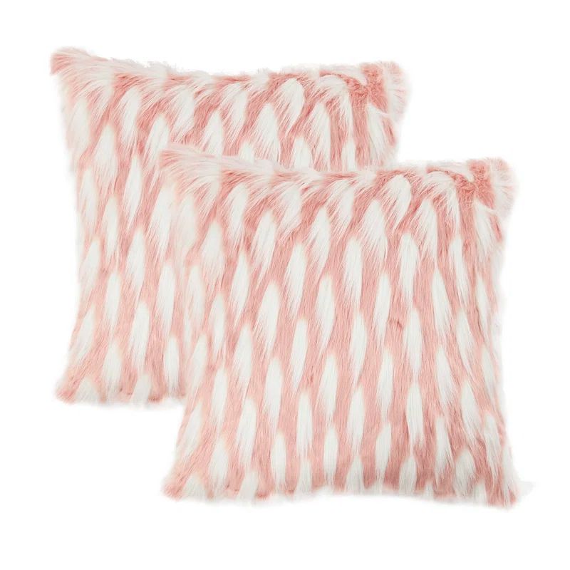 Pink and White Faux Fur Embroidered Euro Pillow Covers, 20" x 20"