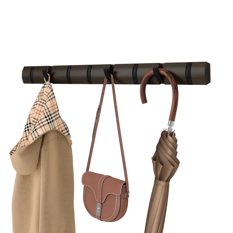 Flip Black and Walnut Solid Wood Wall Mounted Coat Rack with 8 Hooks