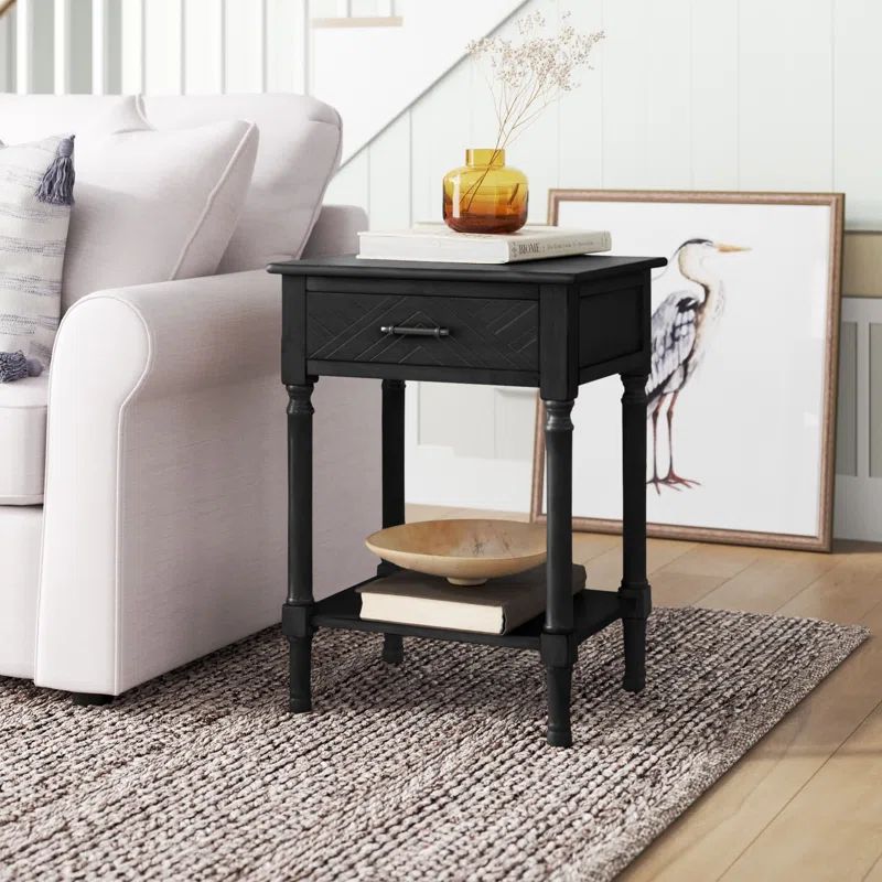 Peyton Black Wood Rectangular Storage End Table with Herringbone Pattern