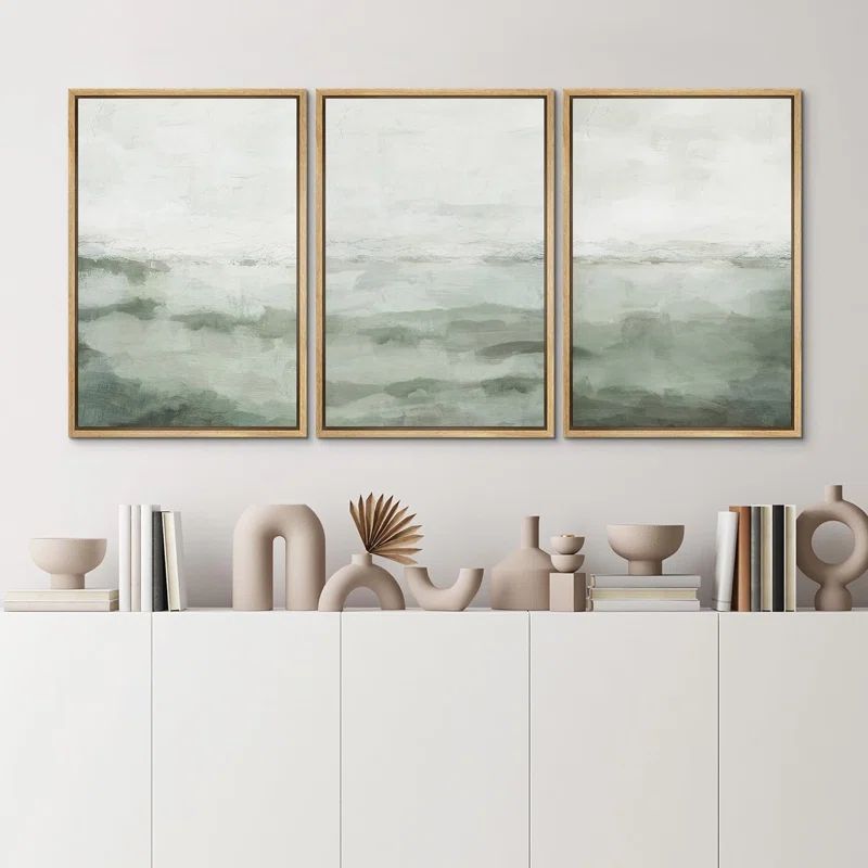 Sage Green Abstract Landscape Canvas Print Set with Natural Frame