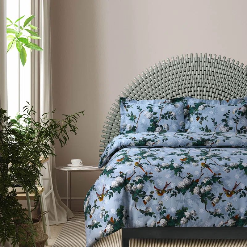 Queen Light Blue Cotton Flannel Floral Duvet Cover Set