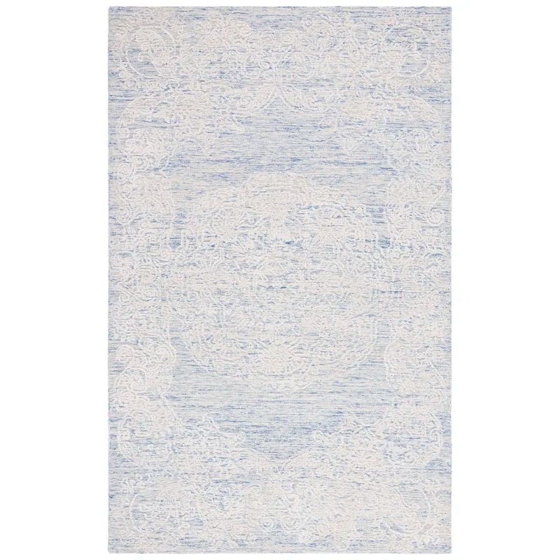 Ivory and Blue Hand-Tufted Wool Area Rug, 3' x 5'