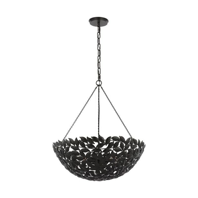Aged Iron 6-Light Bowl Pendant with Leaf Motif