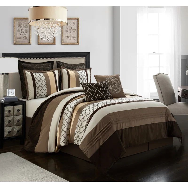 Brown and Gold Microfiber Queen Comforter Set with Decorative Pillows