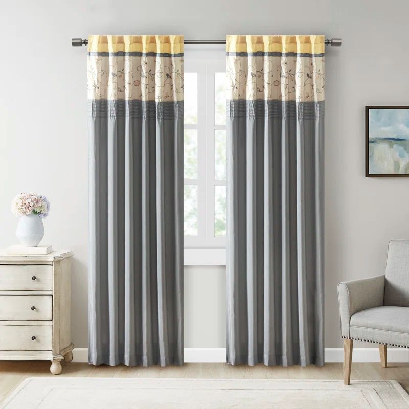 Blue Embroidered Light-Filtering Pleated Curtain Panel