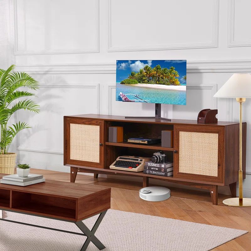 Walnut and Rattan Bohemian TV Stand for 75in TV