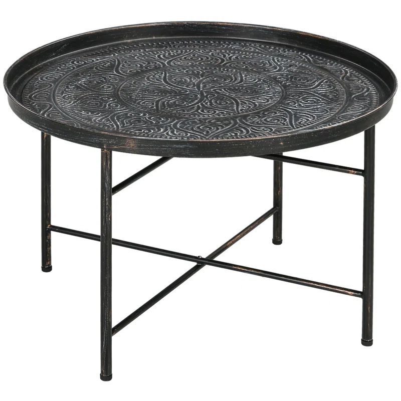 Pewter Round Metal Coffee Table with Hammered Tray Top