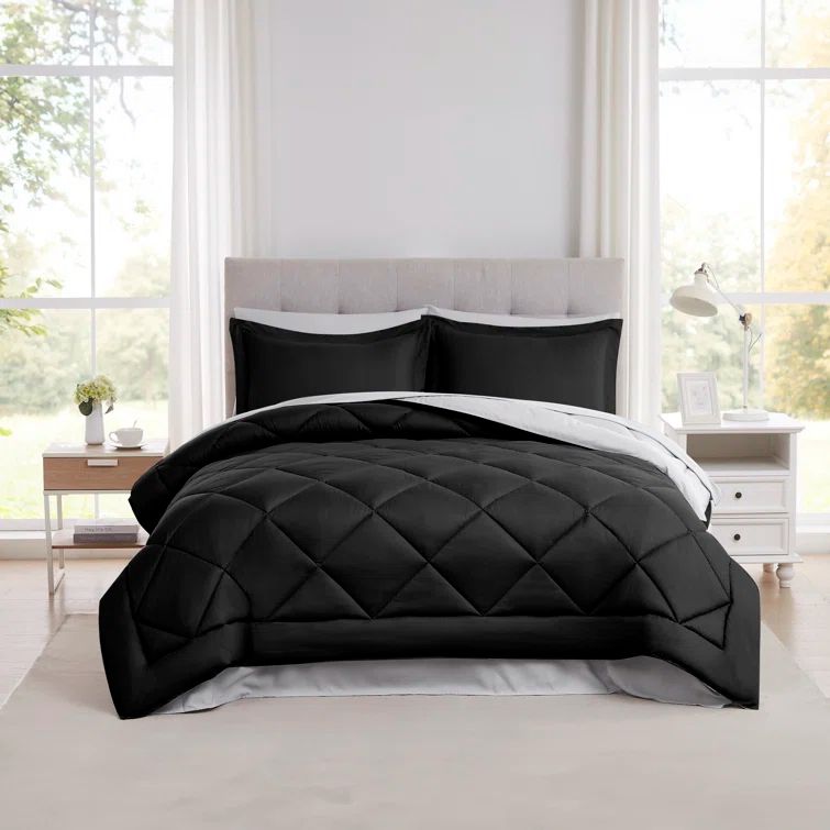 Full Black Microfiber Down Alternative Reversible Bed in a Bag Set
