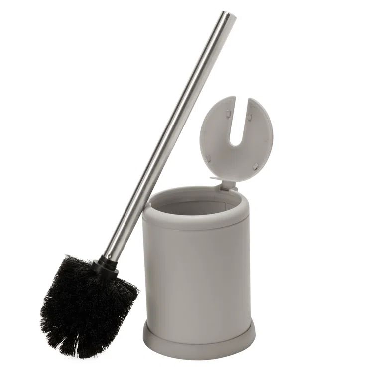 Gray Stainless Steel Toilet Brush Holder with Self-Closing Lid