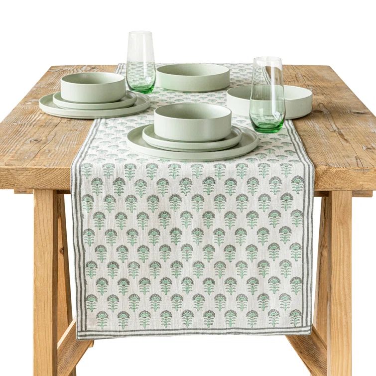 Green Flower Cotton Hand-Blocked Table Runner, 18" x 108"