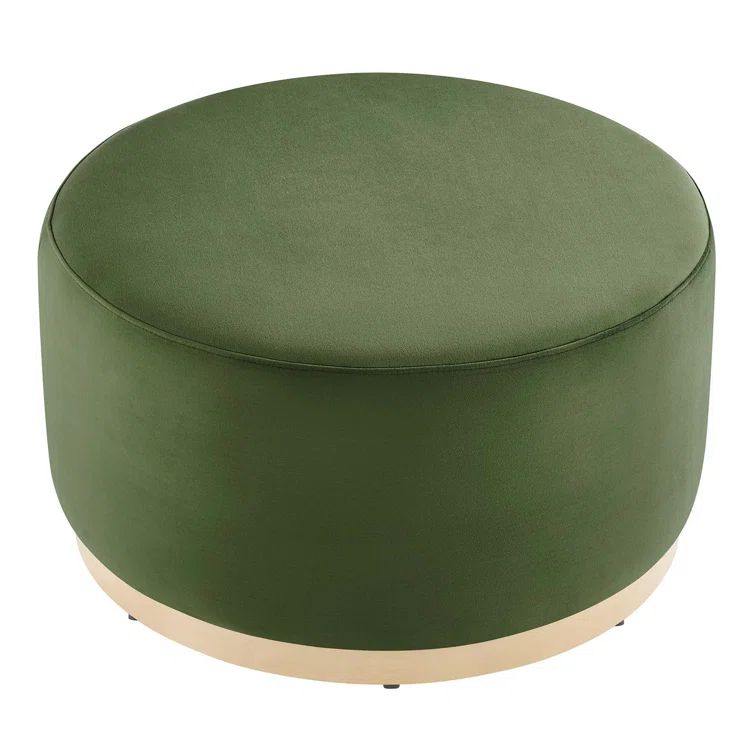 Moss Green Velvet Round Ottoman with Rubberwood Base