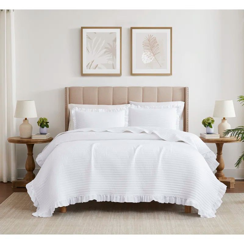 Carla White King Size Polyester Quilt Set with Fringe
