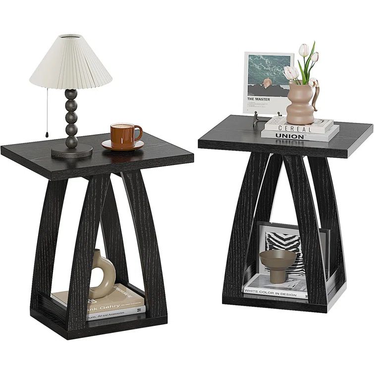 Black Engineered Wood Square End Table Set with Shelf